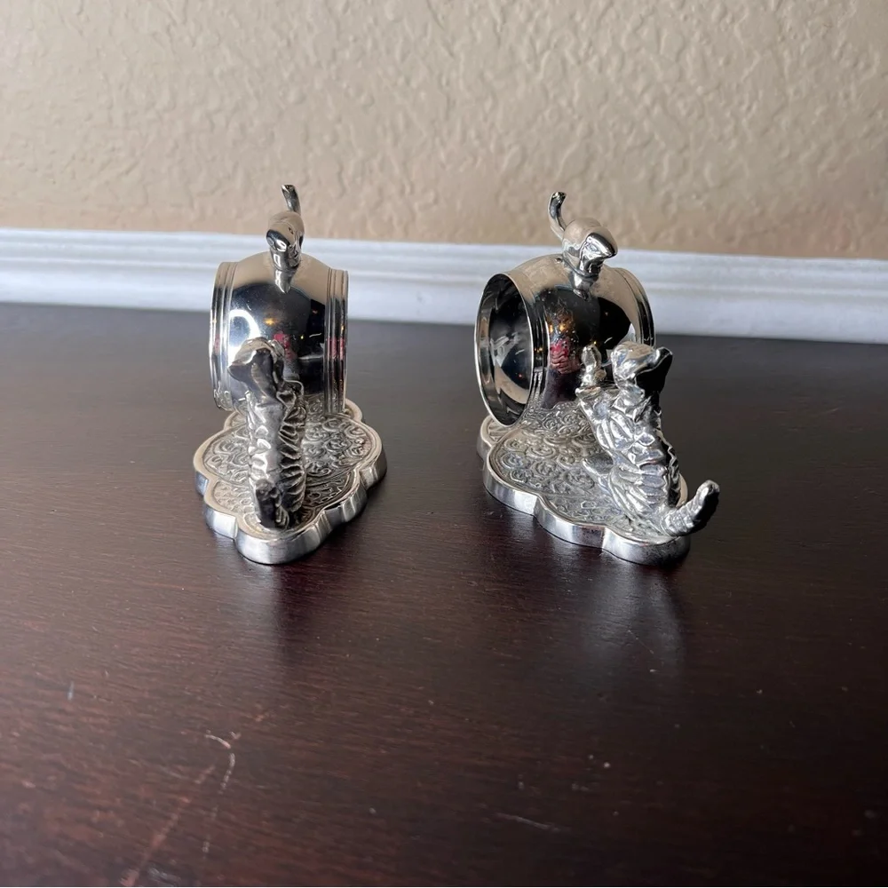 Vintage Cat and Mouse Napkin Rings Pair, Fine Dining, Silver Tone, Thanksgiving